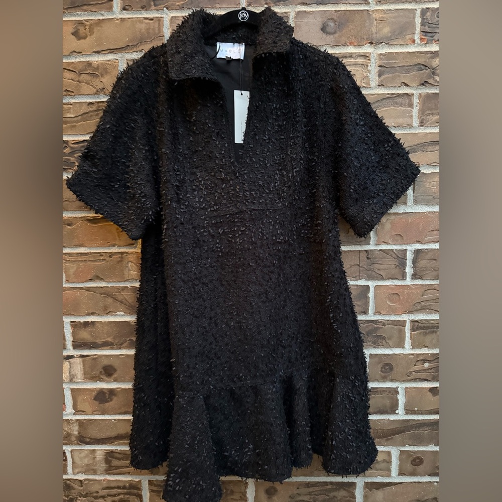 Mable Black Textured Tweed Ruffle Hem Mini Dress MD5246 SM Short Sleeve Collar